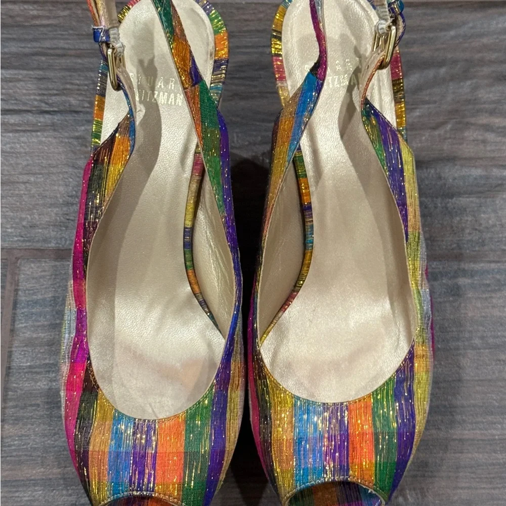 Stuart Weitzman Multi-colored Striped Peep-Toe Slingback Heels - Picture 5 of 5
